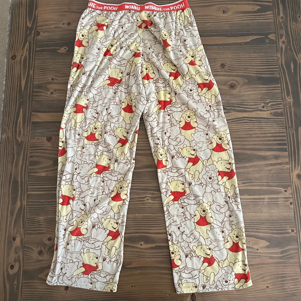 Womens Winnie the Pooh Pajama Pants S Cozy Cute Lounge Beige Red Disney - Picture 5 of 8